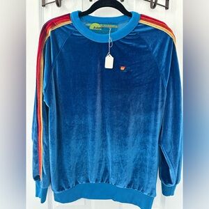 Aviator Nation Blue Velour Crewneck Sweatshirt with Rainbow Stripes. Size L